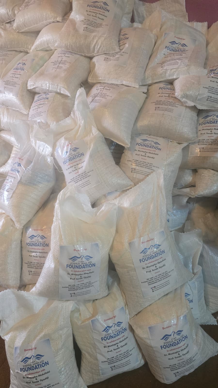 Branded JJAF food relief bags prepared for distribution